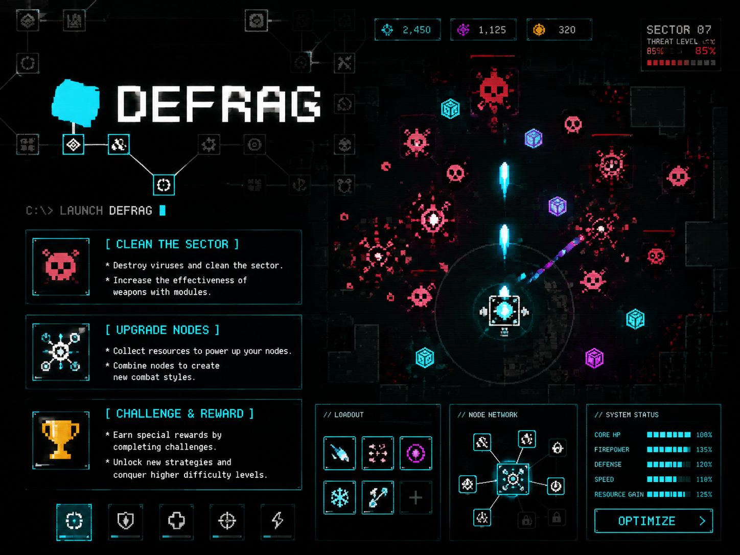 DEFRAG for Mac 像素风策略动作游戏，清理病毒区域并升级系统战斗能力