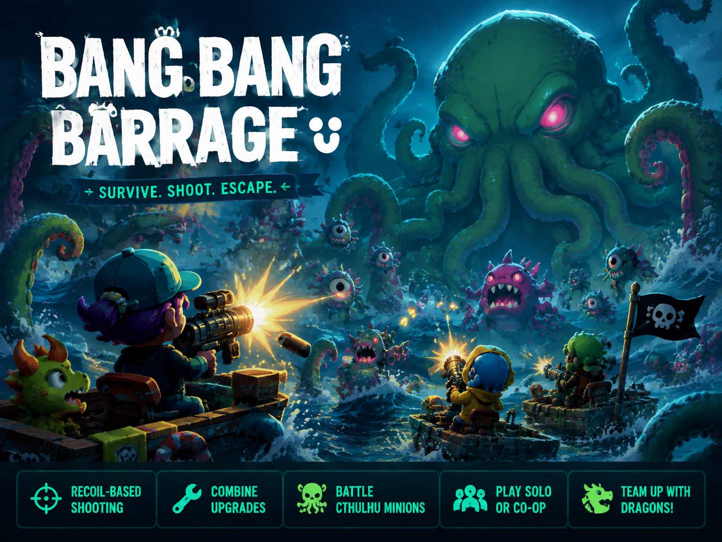 Bang Bang Barrage for Mac 海上射击生存游戏，利用后坐力战斗并挑战克苏鲁怪物围攻