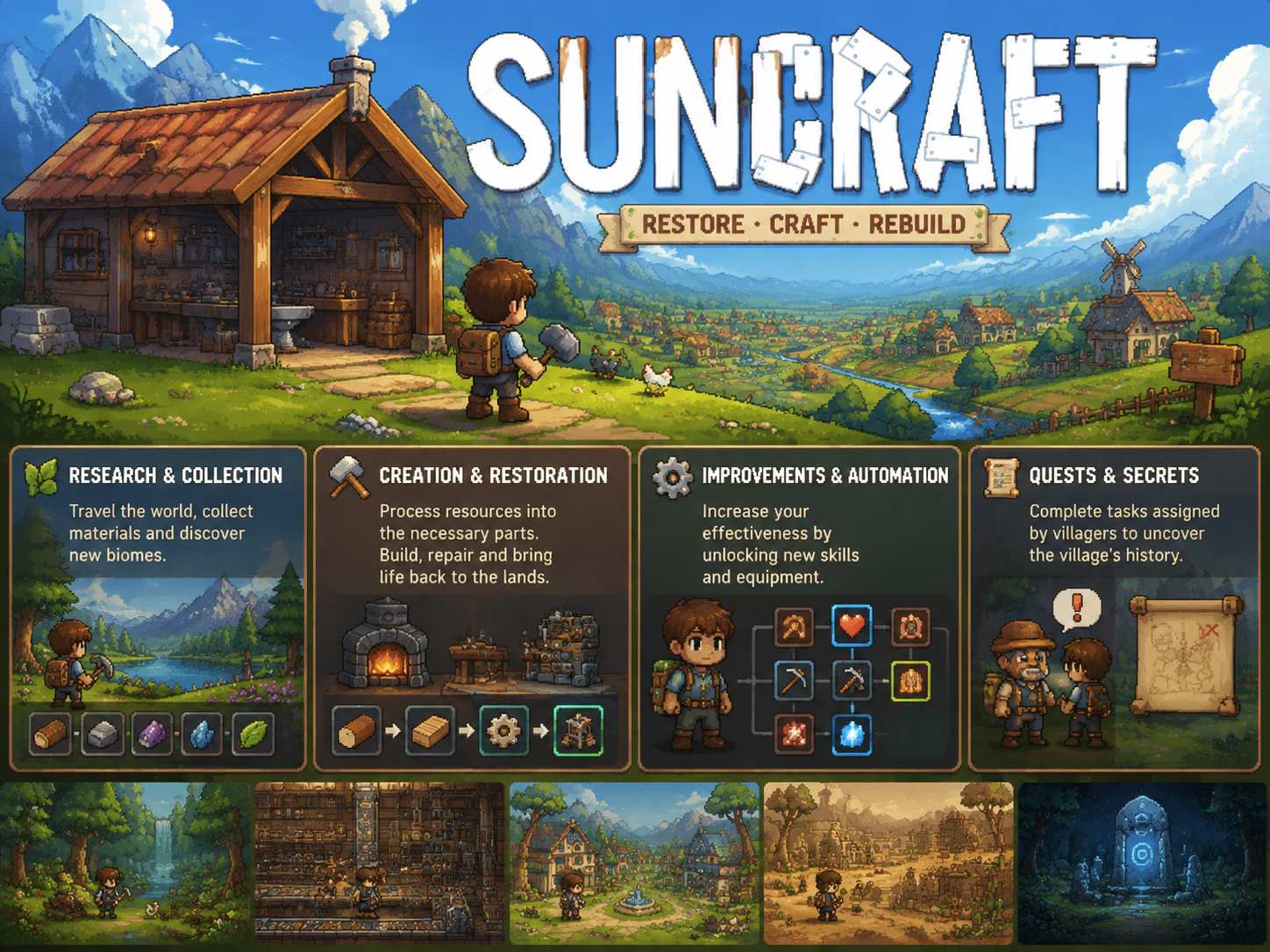 Suncraft for Mac 像素风建造冒险游戏，收集资源打造家园并修复沉睡村庄