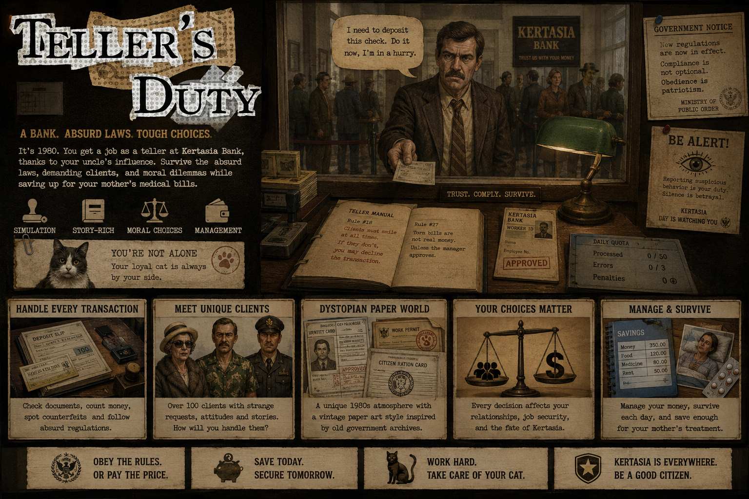 Teller's Duty for Mac 银行柜员模拟游戏，在荒诞制度下做出艰难抉择