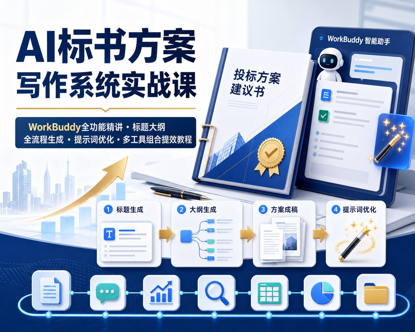 AI标书方案写作系统实战课｜WorkBuddy全功能精讲・标题大纲全流程生成・提示词优化・多工具组合提效教程
