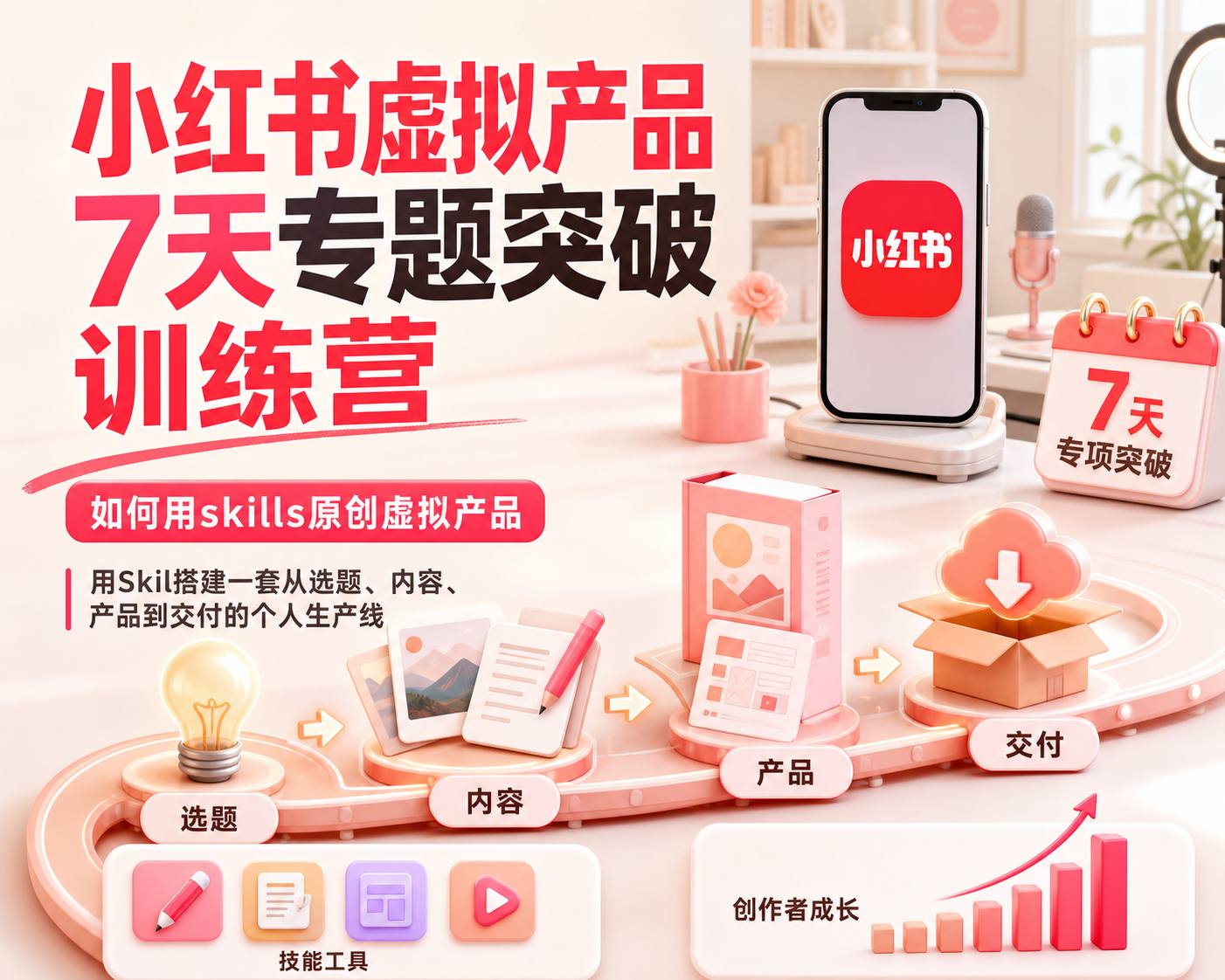 小红书虚拟产品7天专题突破训练营，如何用skills原创虚拟产品，用Skil搭建一套从选题、内容、产品到交付的个人生产线