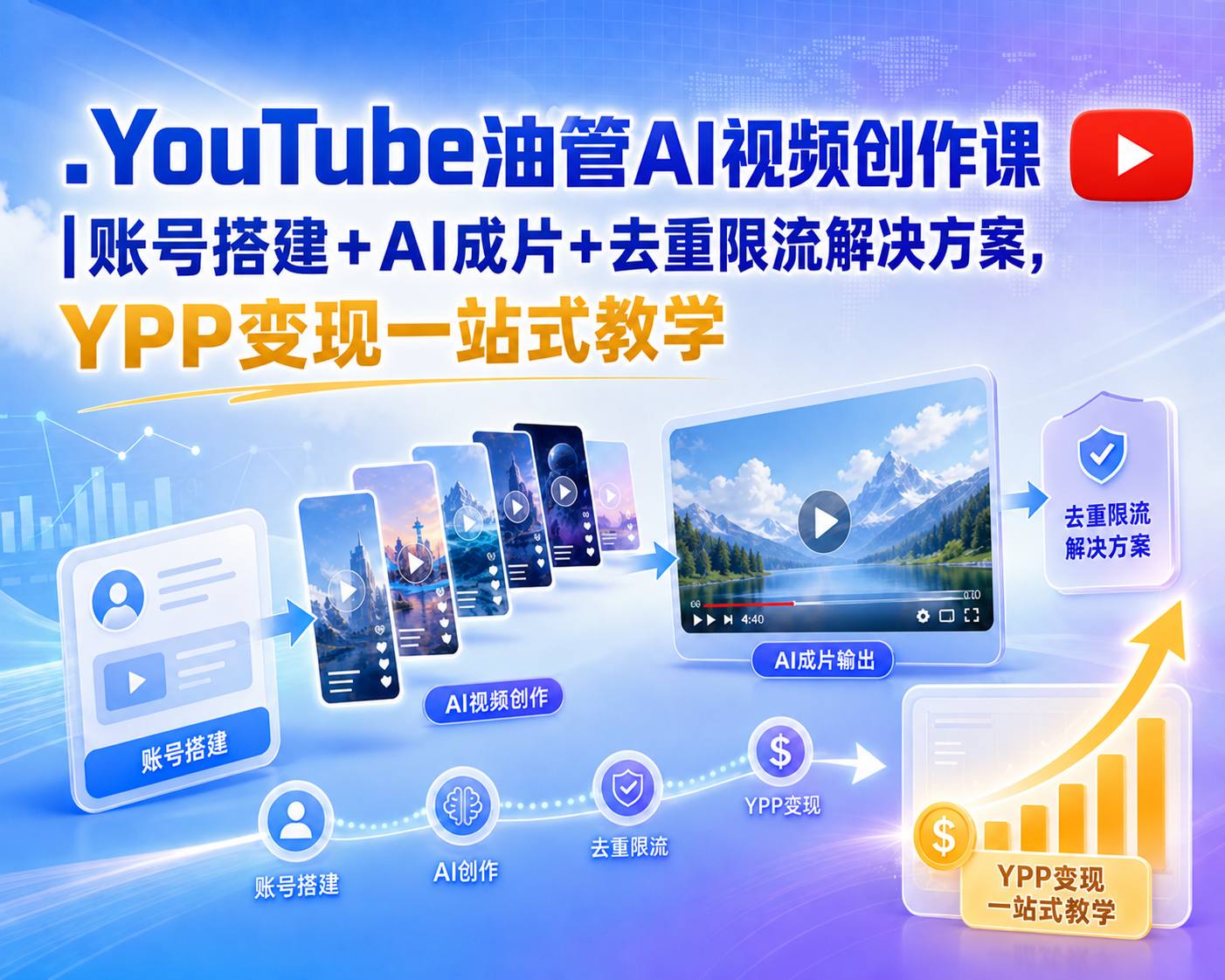 YouTube油管AI视频创作课|账号搭建+AI成片+去重限流解决方案，YPP变现一站式教学